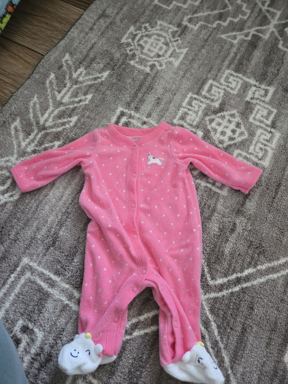 Carter's Pink Polka-Dot Fleece Footed One-Piece with Unicorn Feet
